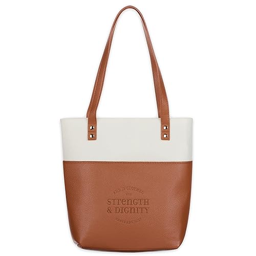 Christian Art Gifts Felt and Faux Leather Fashion Bible Cover Tote Bag for Women: Strength and Dignity - Proverbs 31:25 Bible Verse, Inspirational Durable Two-tone Tote Bag for Books and Supplies