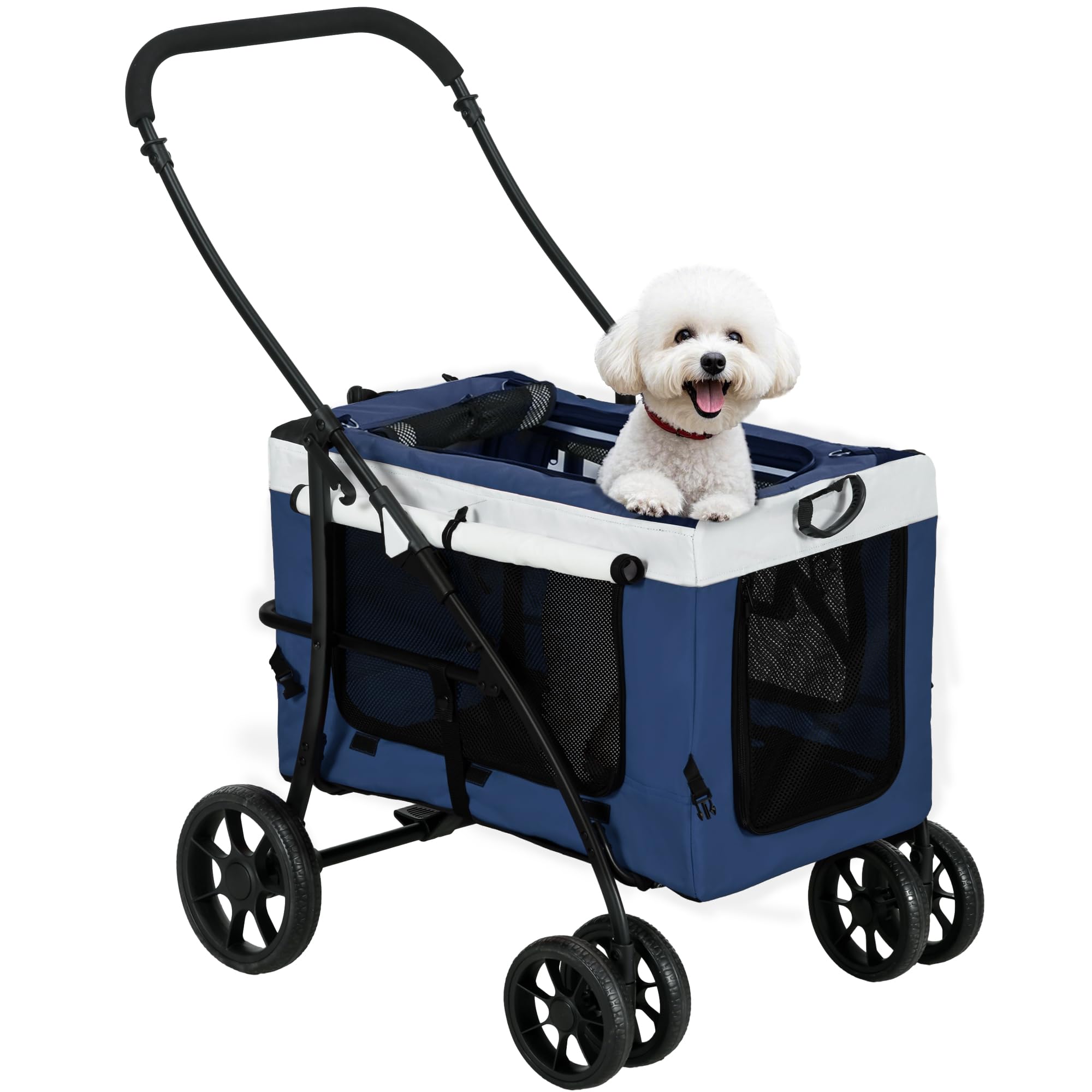 PawHut Carrito para Perros 4 en 1, Cochecito para Perros Plegable, Transportín para Mascotas con Vagón Desmontable, Cojín, Carga 10 kg, para Pequeños, Azul