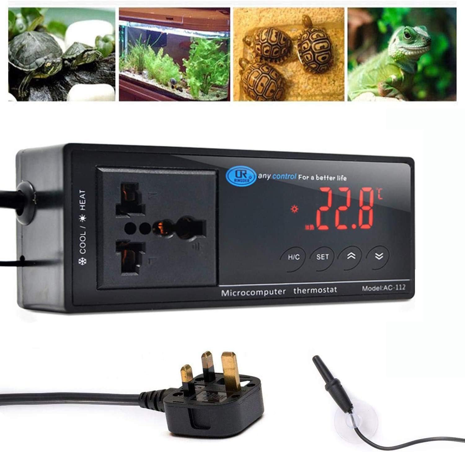 Reptile Thermostat, Terrarium Heaters Temperature Controller Outlet Digital LED with Suction Cup for Reptiles Aquariums Insect Heaters (1)