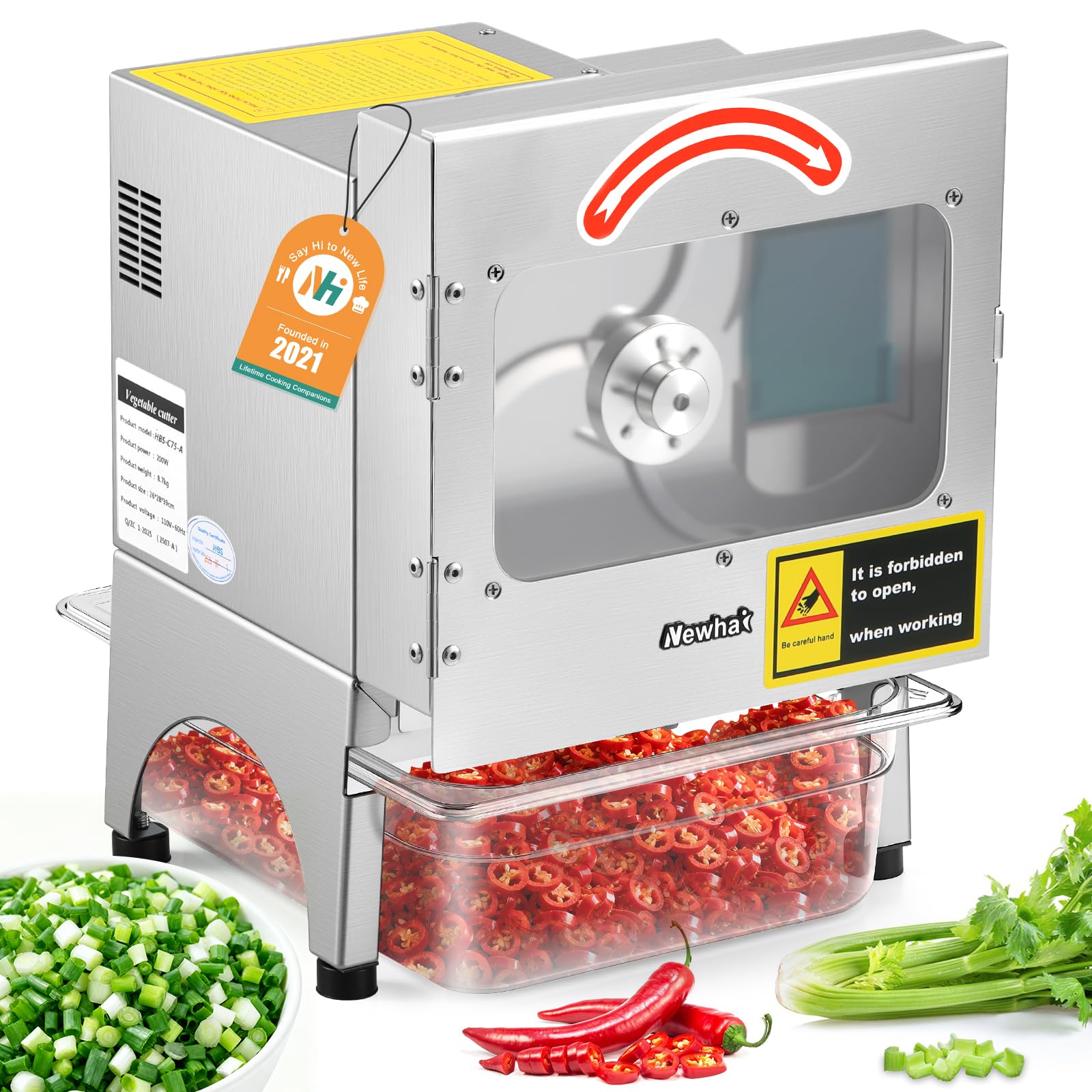 Newhai Commercial Vegetable Slicer with collected sliced vegetables