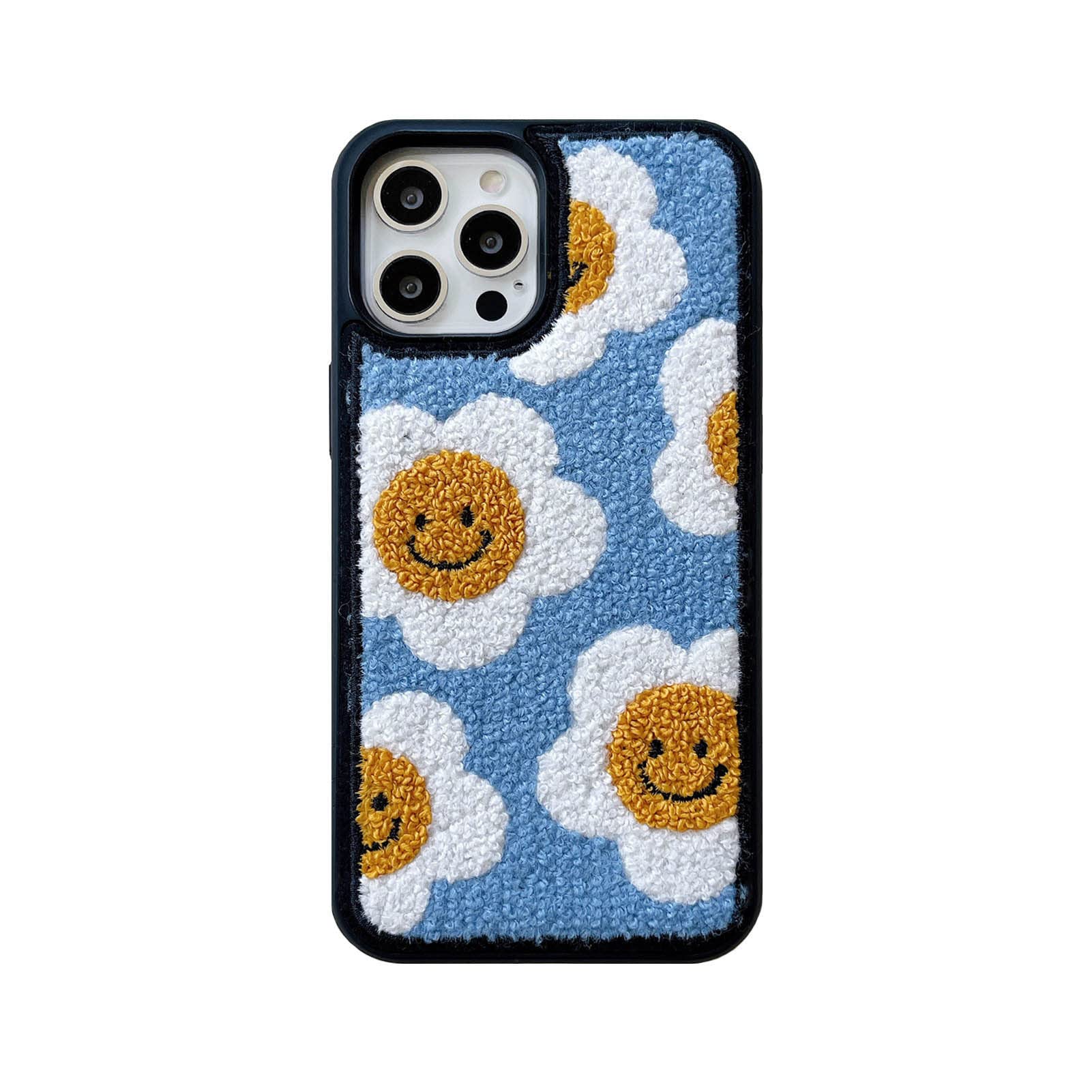 Baby Blue Sunflower Phone Case for iPhone 12 Pro Max Cute Cartoon Floral Warm Retro Aesthetic Chic Soft Carpet Fuzzy Textures Fluffy Girly Protective Cover(Sunflower)