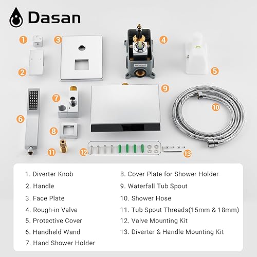 Miniatura 8 de DASAN - Grifo de llenado de bañera de montaje en pared mejorado con ducha de mano, grifo de bañera moderno montado en la pared cromado pulido de
