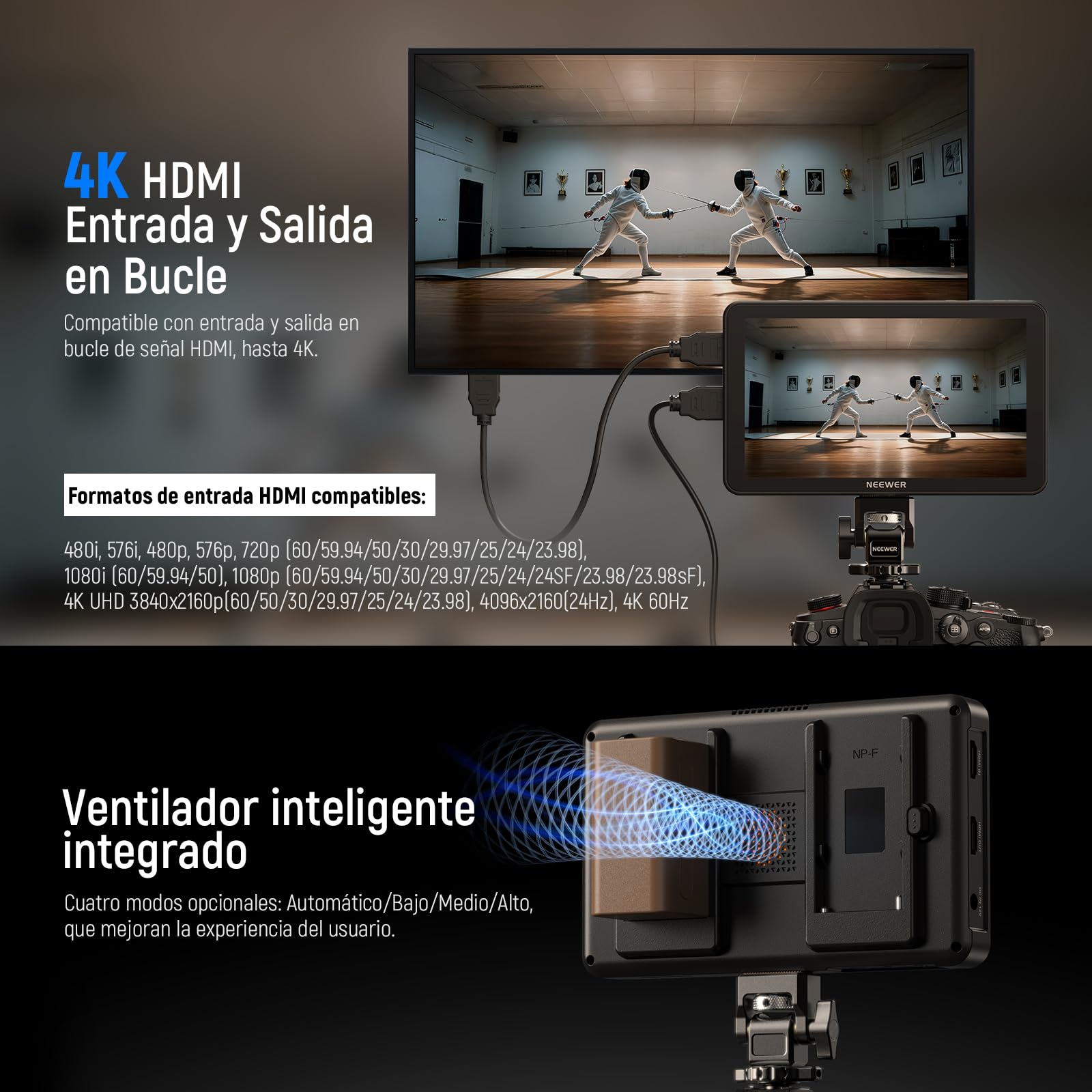 NEEWER Monitor de Campo de cámara F600 de 7 Pulgadas, Pantalla táctil IPS HD de 2400 nits, 1920 x 1080 con LUT 3D, Entrada y Salida HDMI 4K con Enfoque Pico DSLR Video Assist HDR, Soporte de Zapata