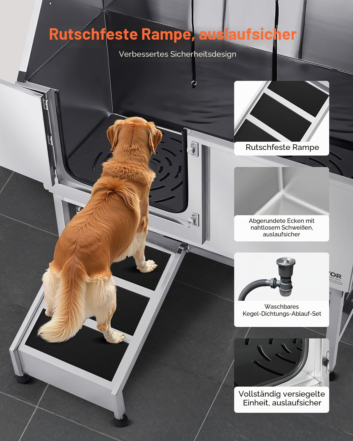 VEVOR Hundewaschstation Edelstahl, 1270x580x1495 mm Tierpflegewanne mit Rampe, PE-Wasserfilterplatte, Wasserhahn, Duschkopf & Seifenhalter, für große, mittelgroße & kleine Haustiere (Linke Tür)