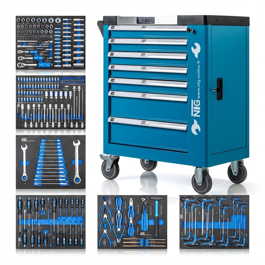 NTG Chariot à Outils + Outils + 7 tiroirs, 247 pièces, verrouillable, Dont 6 avec Outils, avec Inserts Souples en Aspect Carbone, tiroirs remplis, servante d'atelier, boîte à Outils