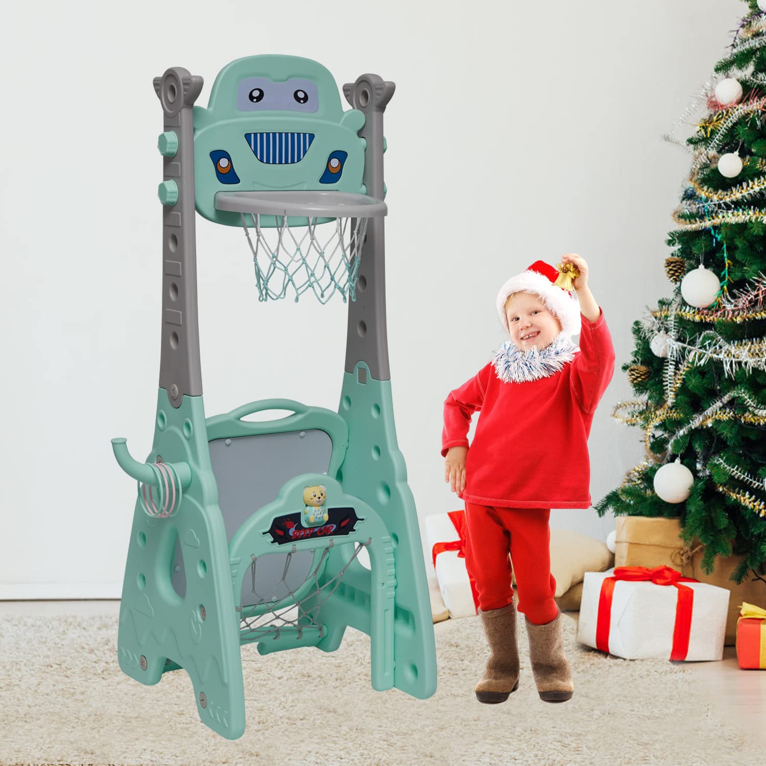 AIIT Sports Activity Center - 7-in-1 Toddler Adjustable Basketball Hoop & Soccer Goal & Ring Toss Playset Drawing Board, Birthday Chistmas Gift for Boy Girl