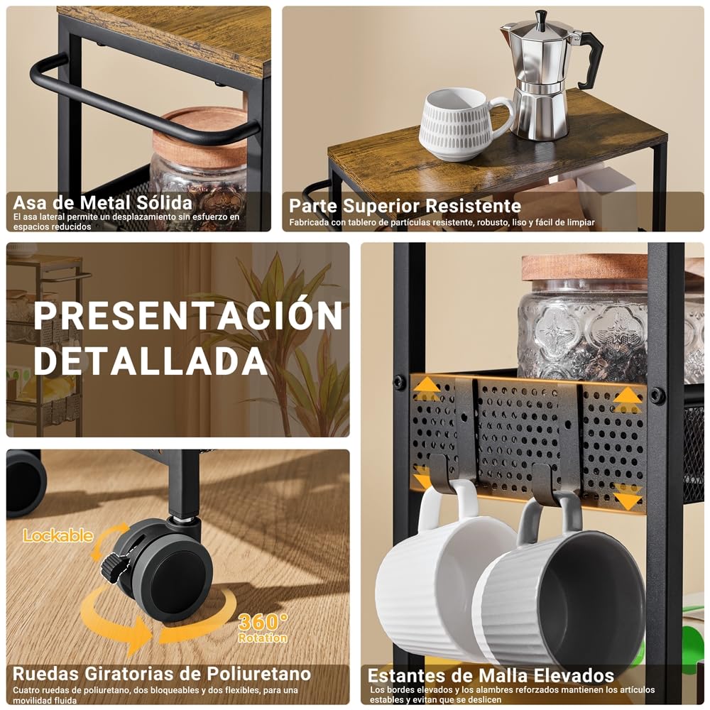 Yaheetch Carrito de Almacenaje de 4 Niveles,con Ruedas Bloqueables,con Ganchos Asa,Marco de Acero con Superficie de Madera,45x22x79cm,para Cocina Estudio Baño Salón, Color Marrón Rústico y Negro