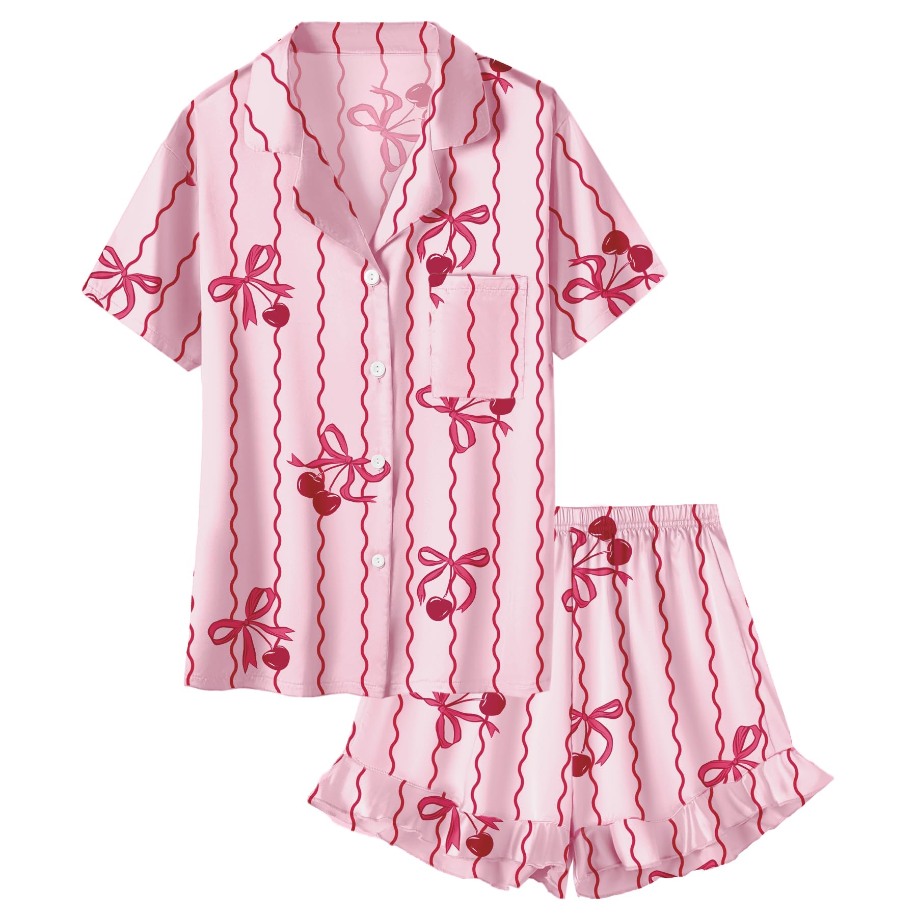 Umeyda Girls & Women Satin Pajamas Set Button Down 2 Piece Silk Pjs Shorts Set Ruffle Sleepwear, 5 Years-Women L