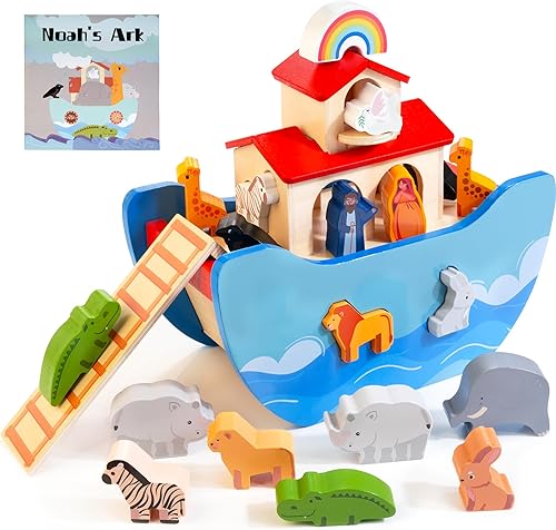 Juego de juguetes de madera del arca de Noé, juguetes de historia bíblica, regalo de bautismo para niños y niñas a partir de 1 año, juguete
