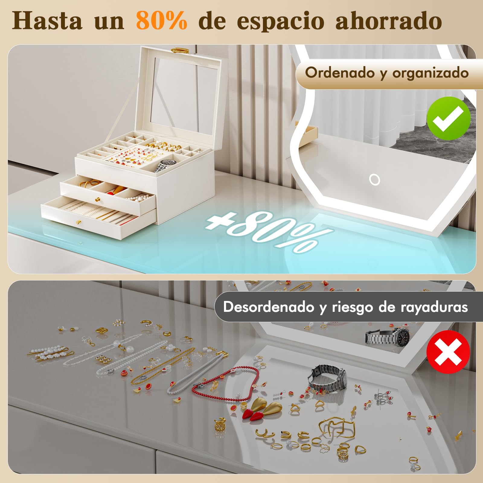 Caja Grande para Joyas 3 Niveles – Organizador Elegante para Anillos, Collares y Pendientes – 24 Compartimentos, Tapa Transparente –para Mujer(Blanco mate)