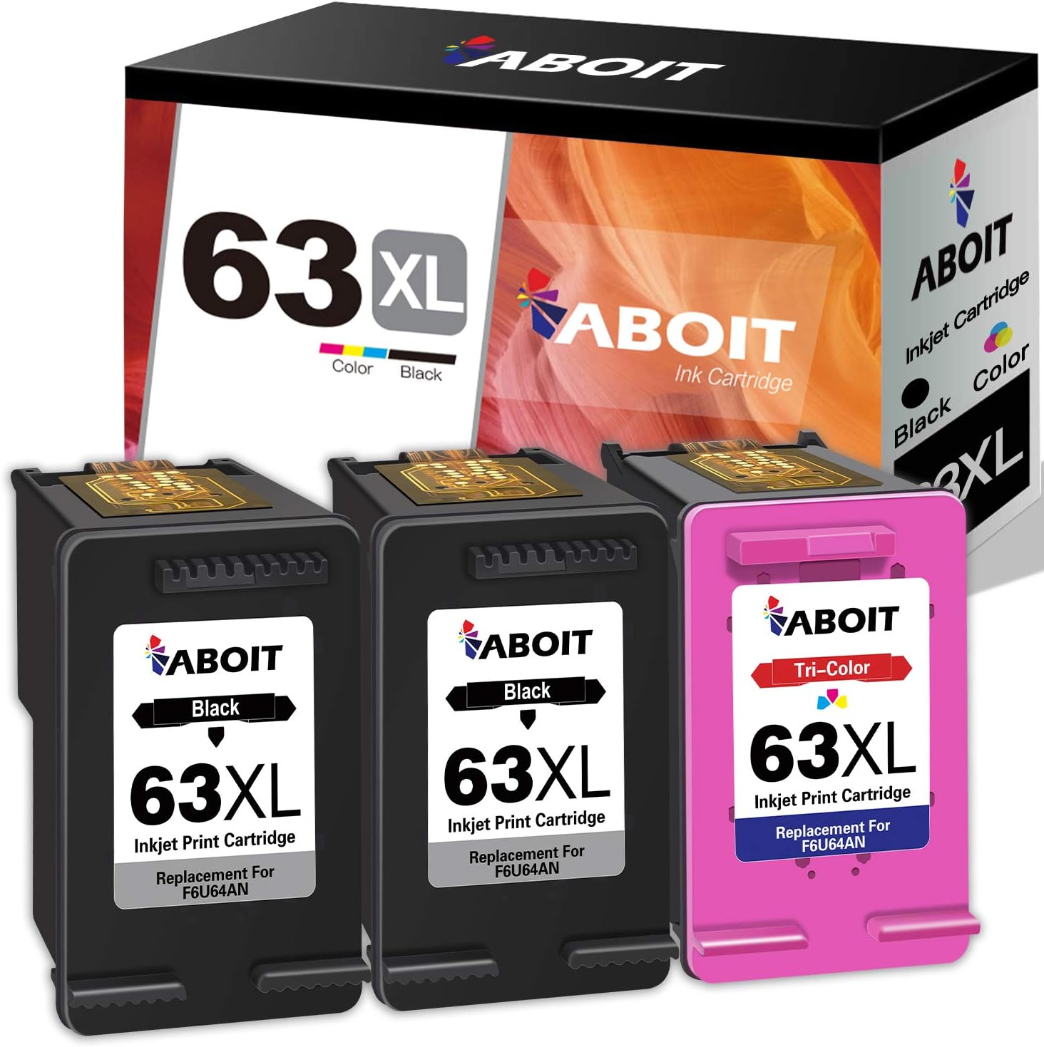 ABOIT Remaunfactured Ink Cartridge Replacement for HP 63XL 63 XL Ink to use with HP OfficeJet 3830 Envy 4520 4512 Officejet 4650 5255 Deskjet 1112 3634 3632 Printer (2 Black, 1 Tri-Color,3 Pack)