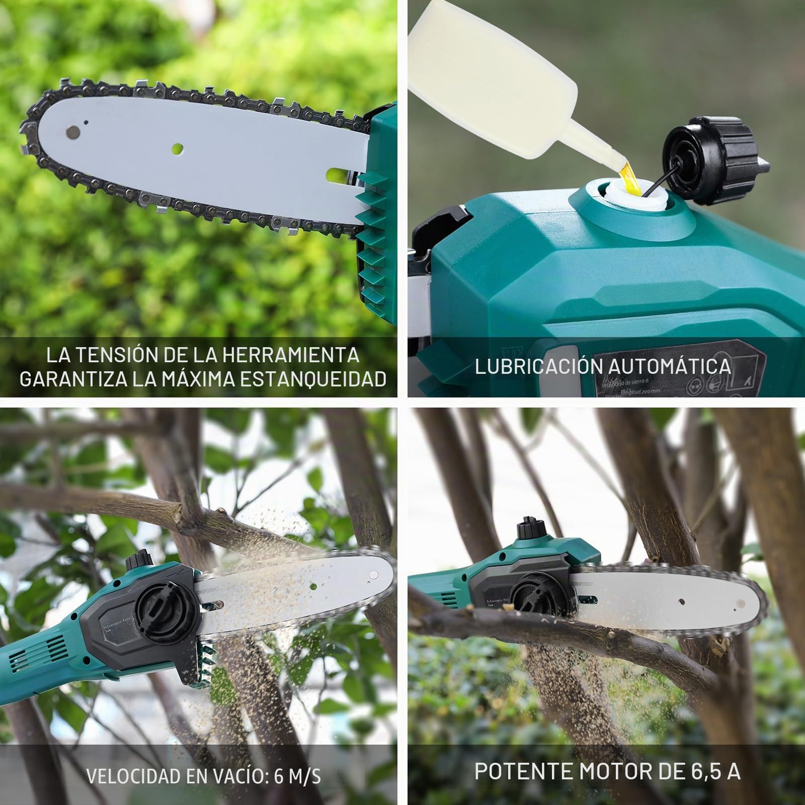 Podadora de Pértiga, Podadora de Altura, Sierra Telescópica Eléctrica, Batería 20V 2,5Ah y Cargador Rápido, Velocidad de Cadena 6m/s,Espada de Corte de 24cm, Autoengrasado, Varilla de aluminio, Ligera