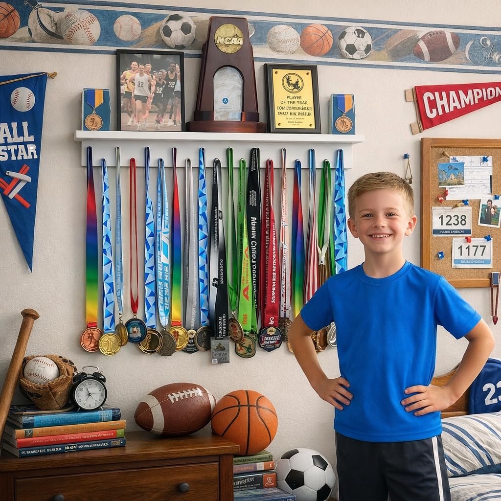 MedalAwardsRack Premier Medal Hanger Display Rack and Trophy Shelf for Gymnastics, Soccer, Basketball, Football, and More – 2, ft