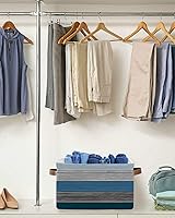 Vista 5 de Cesta de almacenamiento de madera de granero retro azul con rayas degradadas grises para estantes, cubos de almacenamiento de tela, organizadores