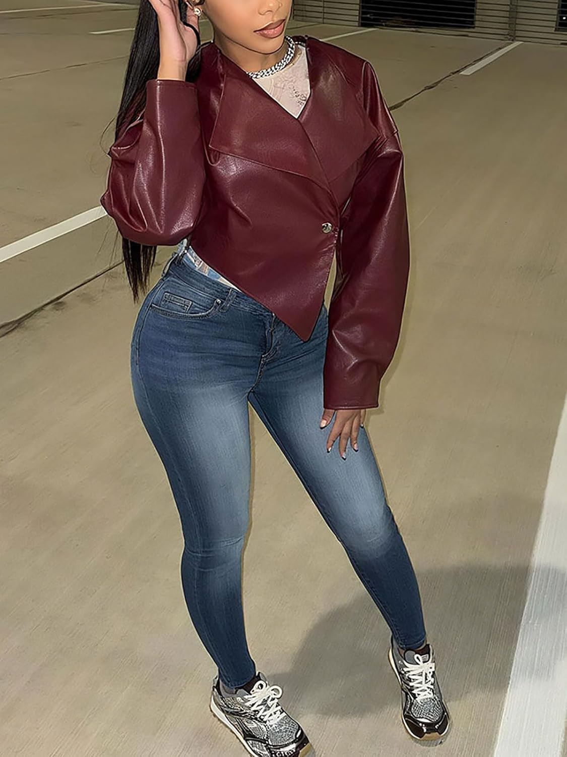 Akmipoem Faux Leather Jacket Women Cropped Asymmetrical Lapel PU Short Jacket Club Outfits
