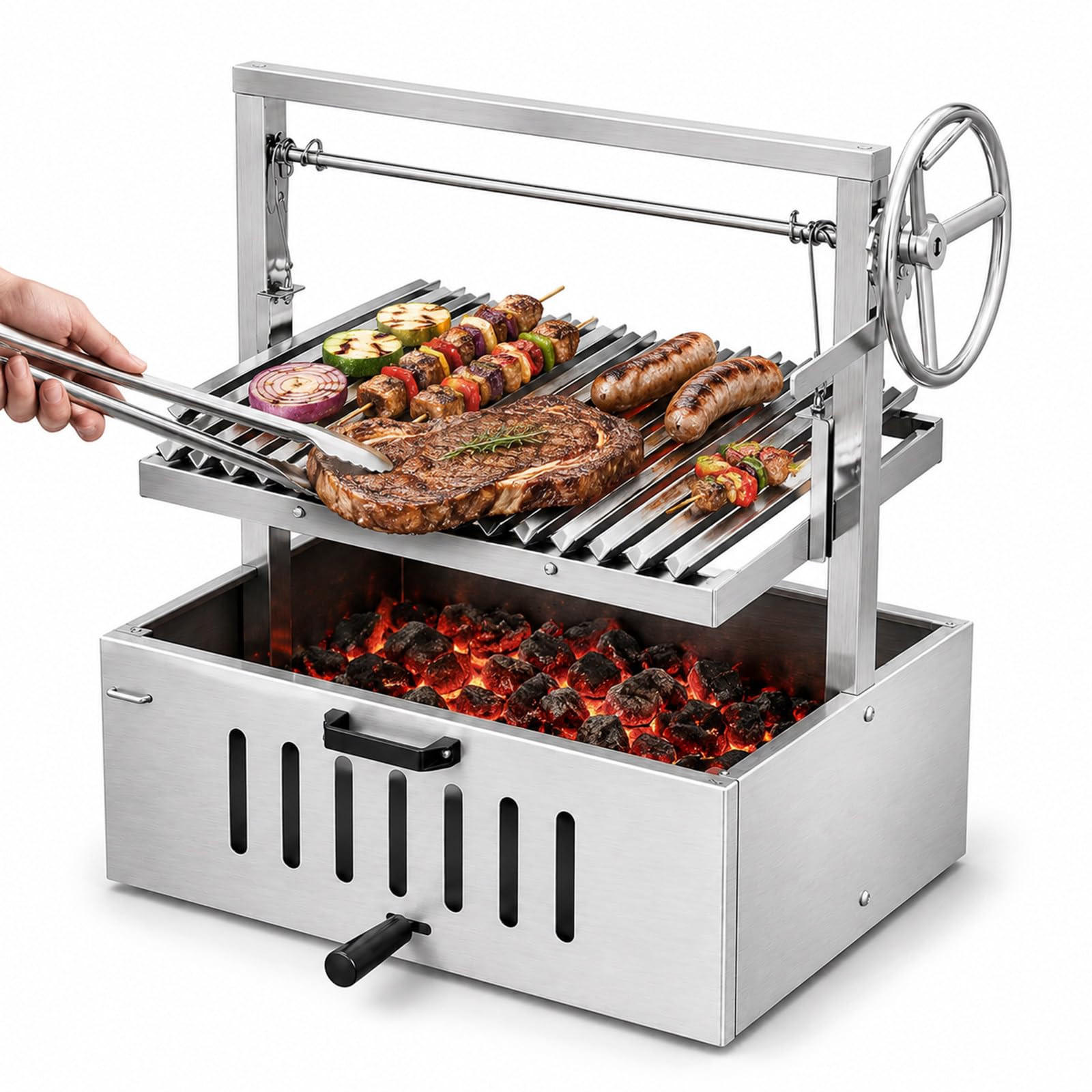 Grill Argentino Santa Maria in Acciaio Inox, griglia a V Regolabile in Altezza con manovella per Barbecue a carbonella, Giardino, terrazza e Outdoor