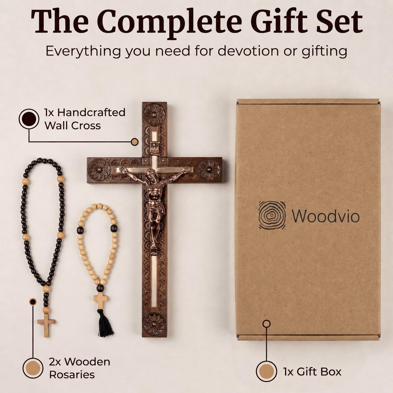 Woodvio - Cruz de pared de madera hecha a mano, acabado tallado a mano, crucifijo católico