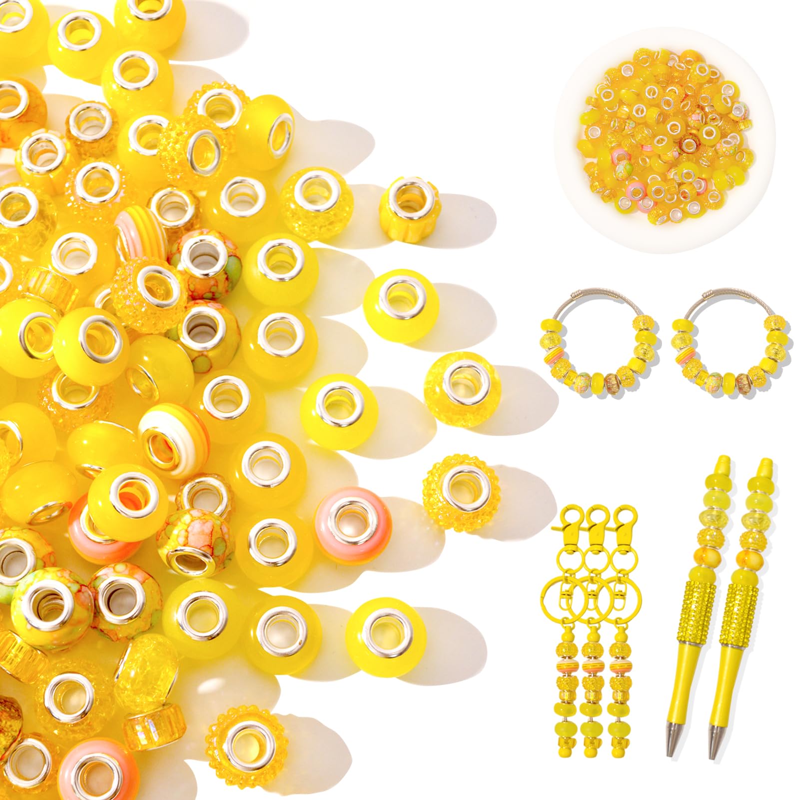 Photo 1 of 110 Pcs Beads for Pens - European Craft Large Hole Beads - Yellow Assorted Spacer Bead Bulk - Suitable for DIY Fairy Wand Garden Bead, Beaded Keychain, Necklace Bracelet Jewelry Making