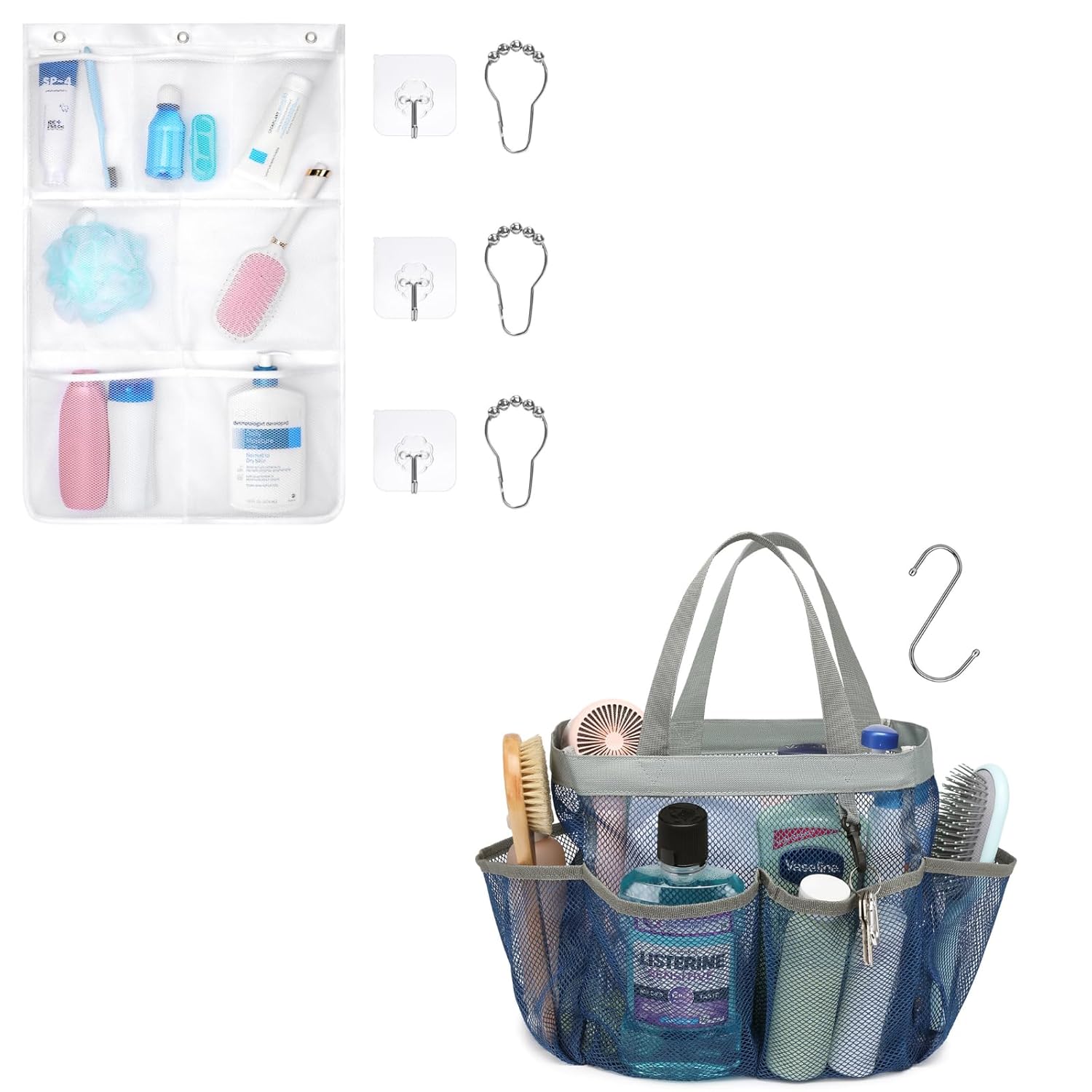 F-color Shower Organizer Hanging White Bundle and Mesh Shower Caddy Portable Blue