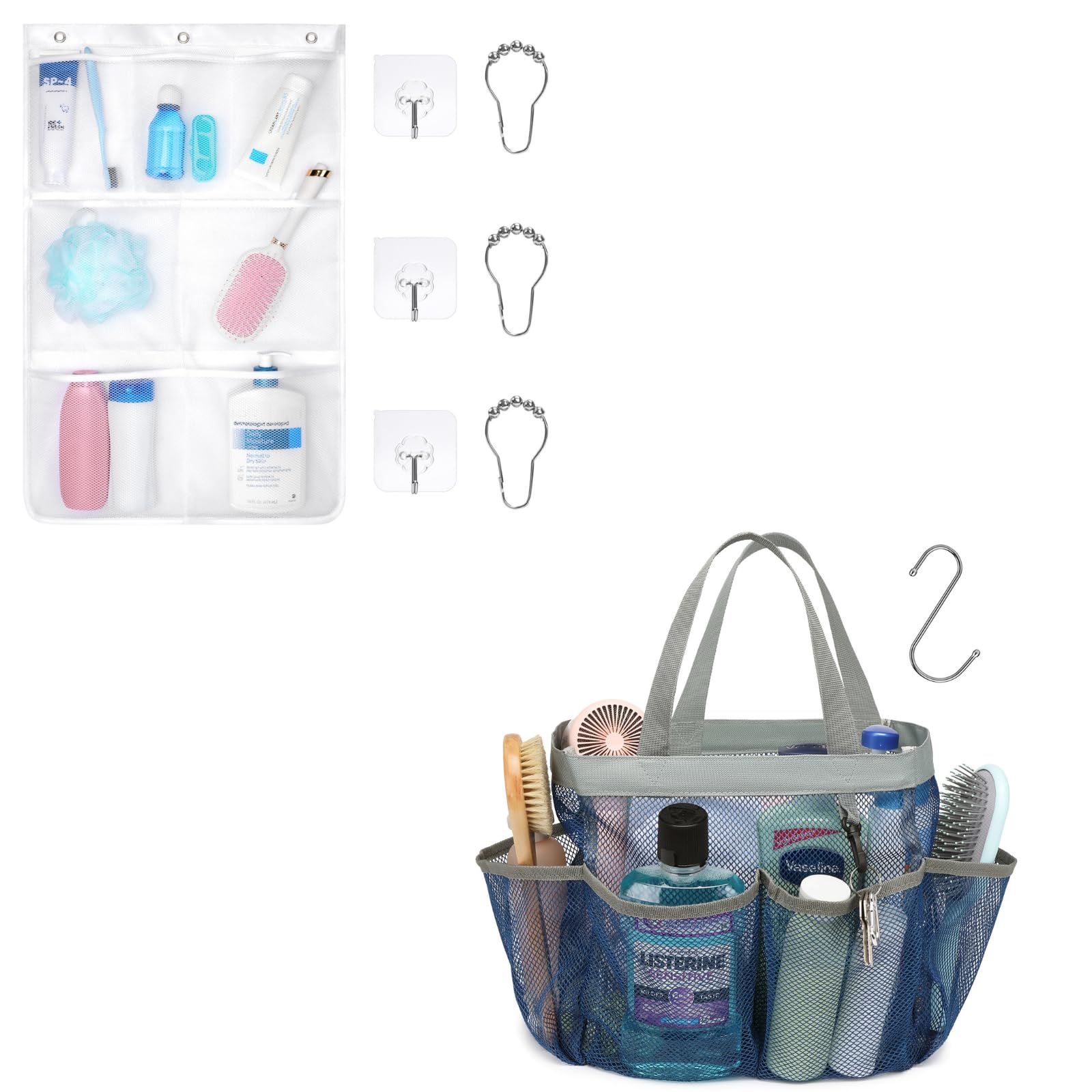 F-color Shower Organizer Hanging White Bundle and Mesh Shower Caddy Portable Blue