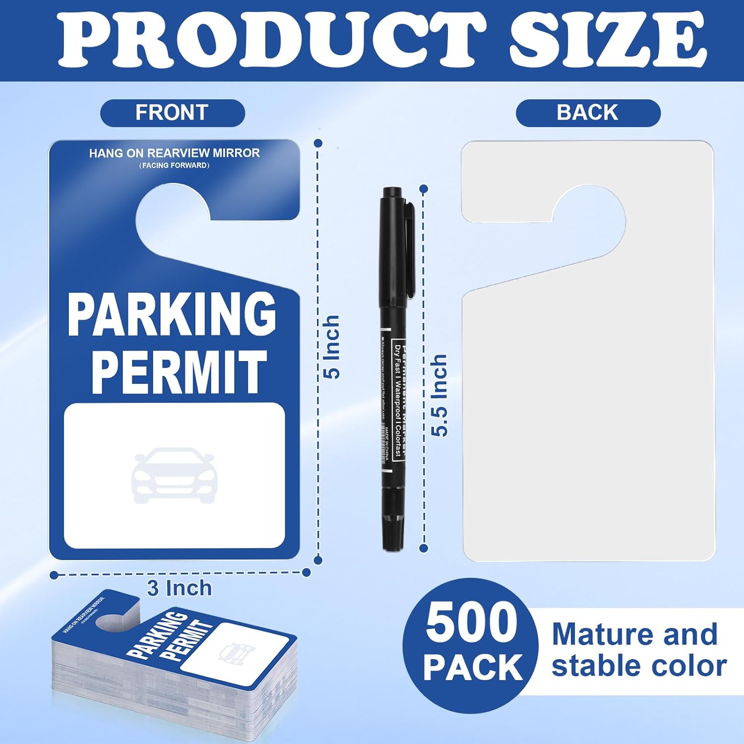 500 PCS Plastic Parking Permit Hang Tags Red Blank Rearview Mirror Placards Thick 18 Mil Waterproof PVC 3x5 Inch Single-Sided Printing with 5 Marker Pens for Temporary Parking Passes (500, Blue)