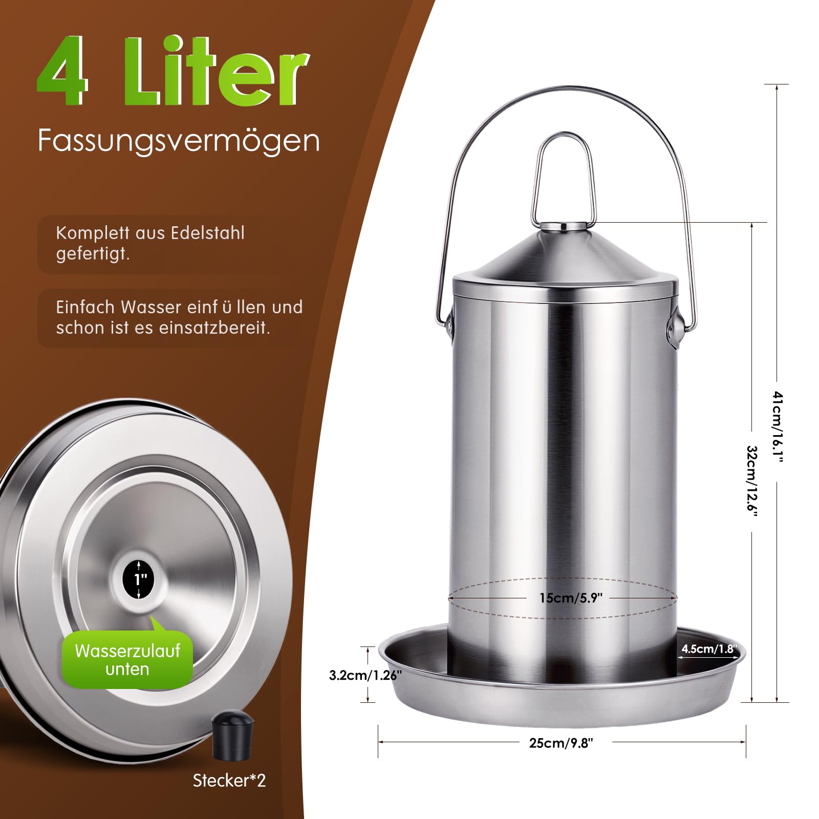 4-Liter-Tränke aus Edelstahl 304 für Hühner, automatischer Wasserspender für Geflügel mit Schwerkraftnachfüllung, hängender oder stehender Trinkbrunnen für Hühner, Enten, Tauben und Gänse