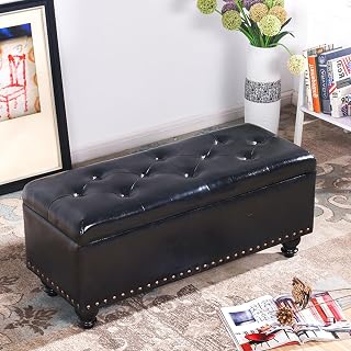 Storage Bench, Ottoman for Bedroom End of Bed, PU Leather Tufted Entryway Bench, Upholstered Bench with Solid Wood Legs, for Bedroom, Living Room, Entryway, Hallway(Black,150cm/59in)
