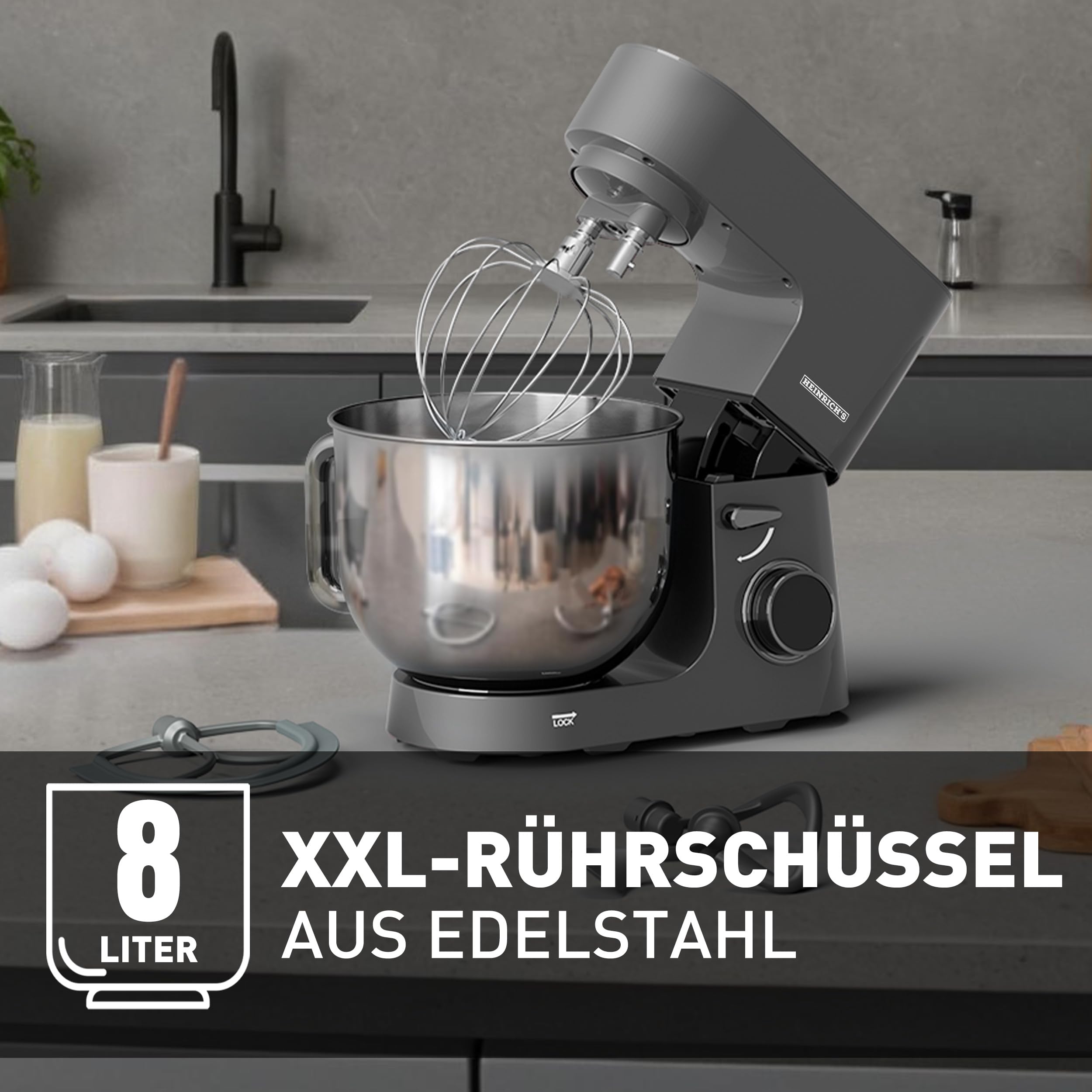 Heinrichs´s Küchenmaschine, Knetmaschine, Teigmaschine, 2500W Küchengerät, Doppel-Knethaken, Rührhaken, Schneebesen, 8 einstellbare Geschwindigkeiten, XXL 8L Edelstahlschüssel,geräuscharm, Titan