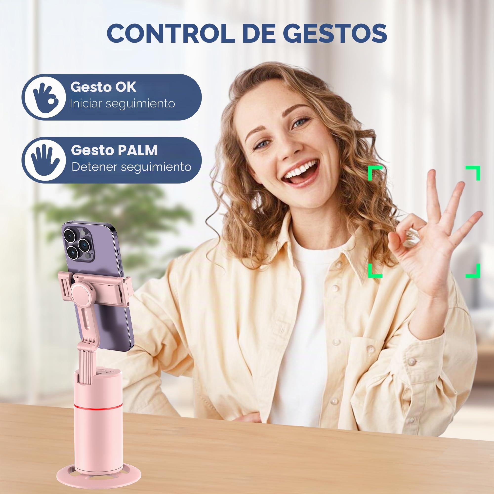 Automatic Face Tracking Mobile Stand, Gesture Control & Remote Control, 360 Degree Rotating Mobile Camera Stand, iPhone Selfie Stick Tripod, Telescopic Bar (Pink)