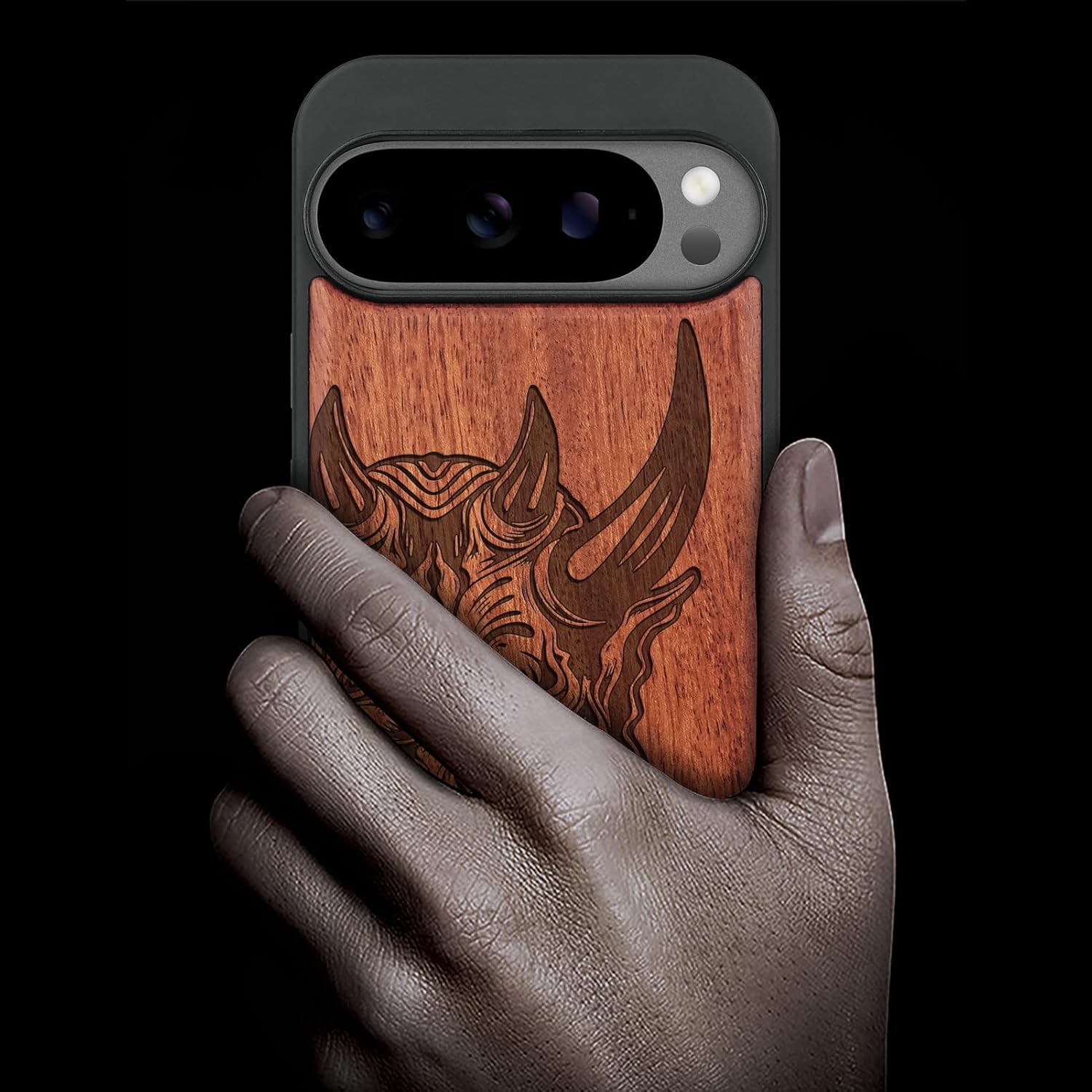 Carveit Magnetic Wooden Case for Google Pixel 10 / Pixel 10 Pro Case, Wood Artisan Engraved & Soft TPU Shockproof Cover, Compatible with MagSafe Wireless Chargers (Japanese Oni Mask) Rosy