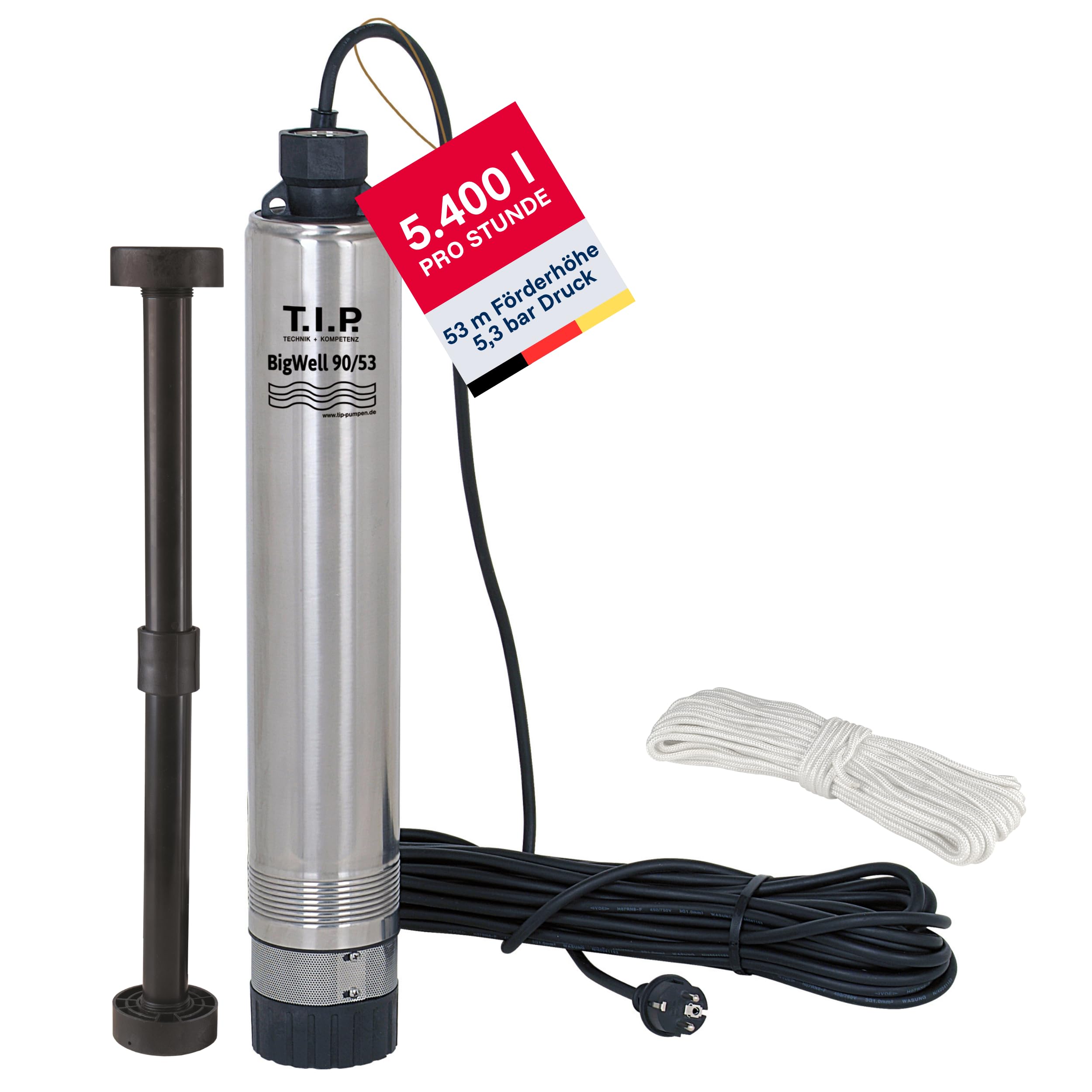T.I.P. Brunnenpumpe - Tiefbrunnenpumpe Edelstahl (5.400l/h Fördermenge, 53m Förderhöhe, 5,3 bar Druck, sandresistent durch erweiterbaren Fuß, ab Brunnen Ø10cm, 20m Eintauchtiefe) BigWell 90-53, 30083