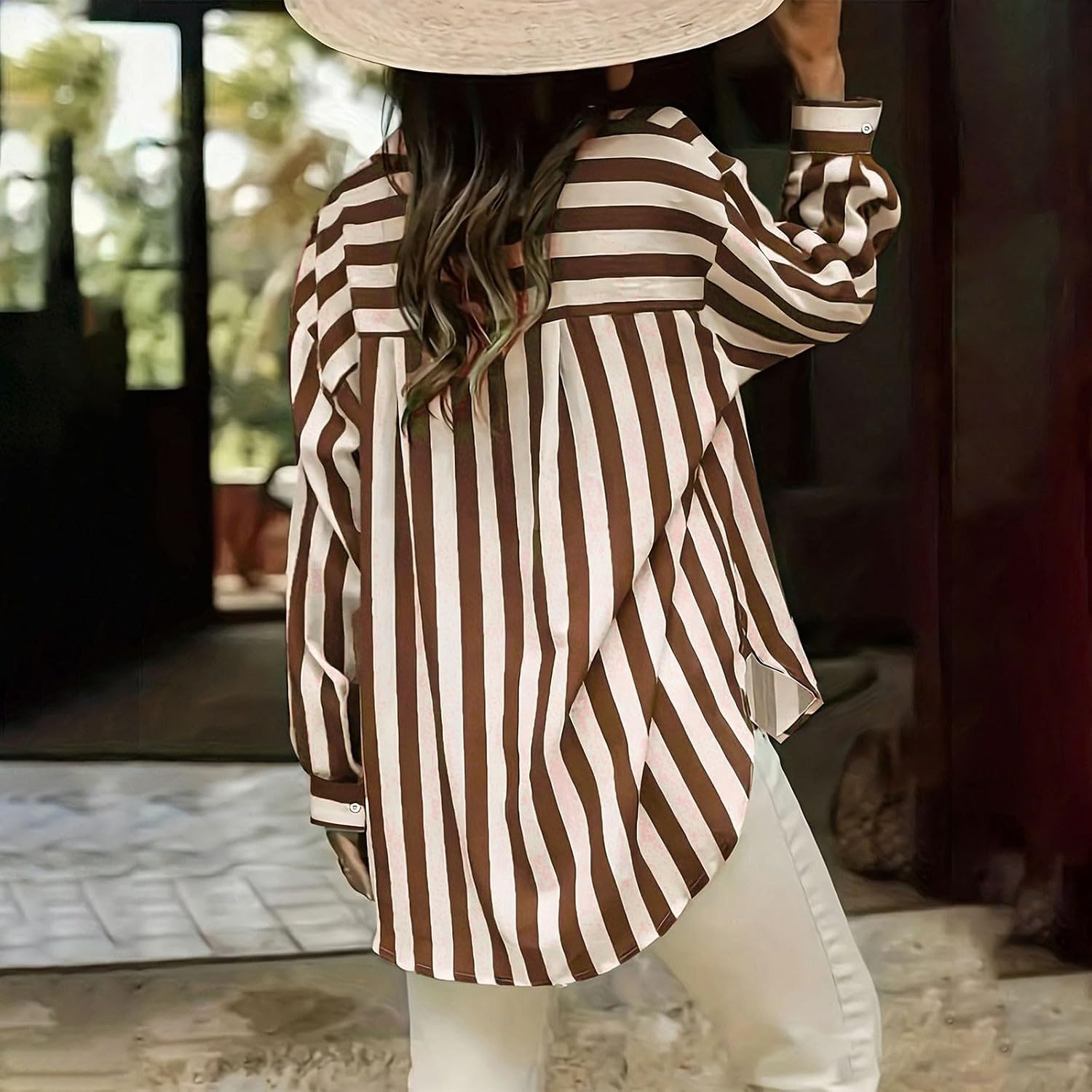Womens T Shirts Long Sleeve Blouse Fall Button Up | Long Sleeve Blouse for Women Fall Button Up Striped Tops Trendy Casual Loose Fit Shirts with Pocket