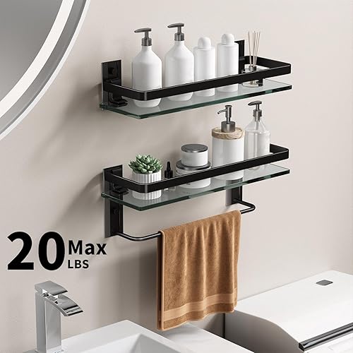 Miniatura 7 de Danpoo Estantes de baño montados en la pared, estante de baño de vidrio templado con toallero, soporte para toallas de mano con estantes (2 niveles,