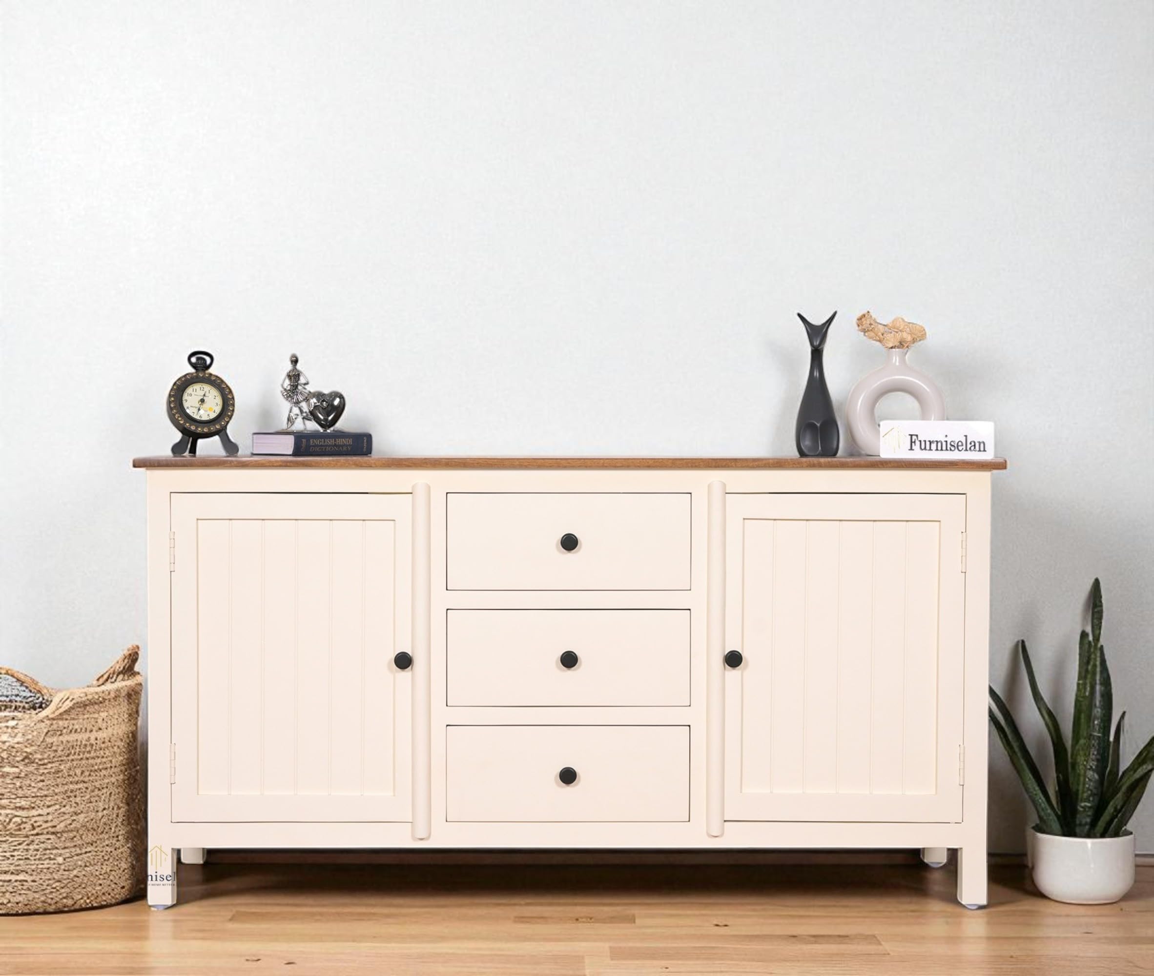 WOODEFLY Solid Mango Wood Sideboard Cabinet- 2 Doors & 3 Drawers Solid Wood Free Standing Sideboard (Finish Color - Frosty White)-image-41