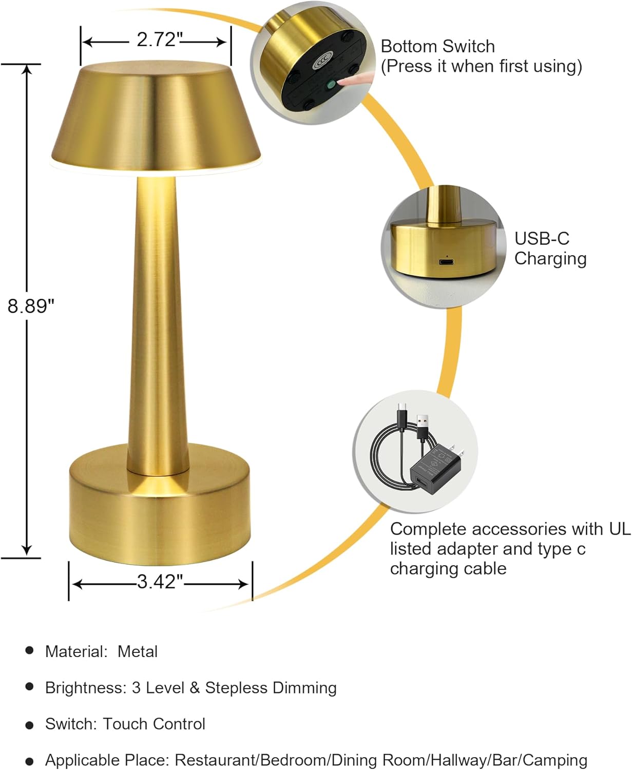 Cordless Rechargeable Table Lamp Small Battery Operated Lamp for Restaurant, 3 Color Stepless Dimmable LED Touch Lamp Gold Portable Night Lights for Bedside Living Room Kitchen Bar Outdoor Patio Décor