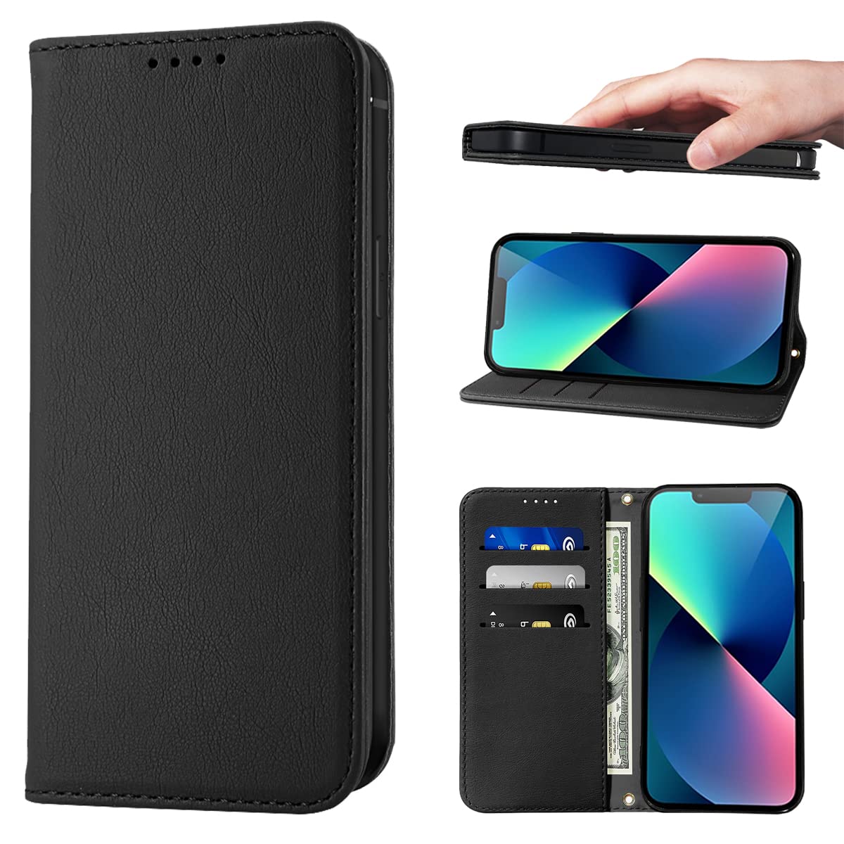 Wallet Case for iPhone 13 Phone Cases Premium Leather PU Flip Cover Magnetic Shockproof Closure Book Design with Kickstand Feature & Card Slots iPhone 13(6.1") Case - Black