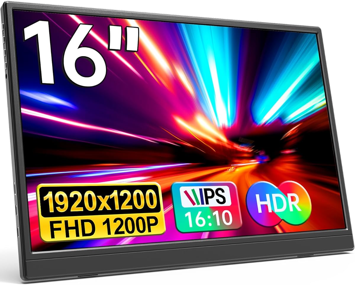 Portable Monitor 16.0inch FHD 1920 * 1200P USB C HDMI Ultra-Slim IPS Travel Display & Speakers, HDR Plug&Play, External Monitor for Laptop PC, Phone,Mac