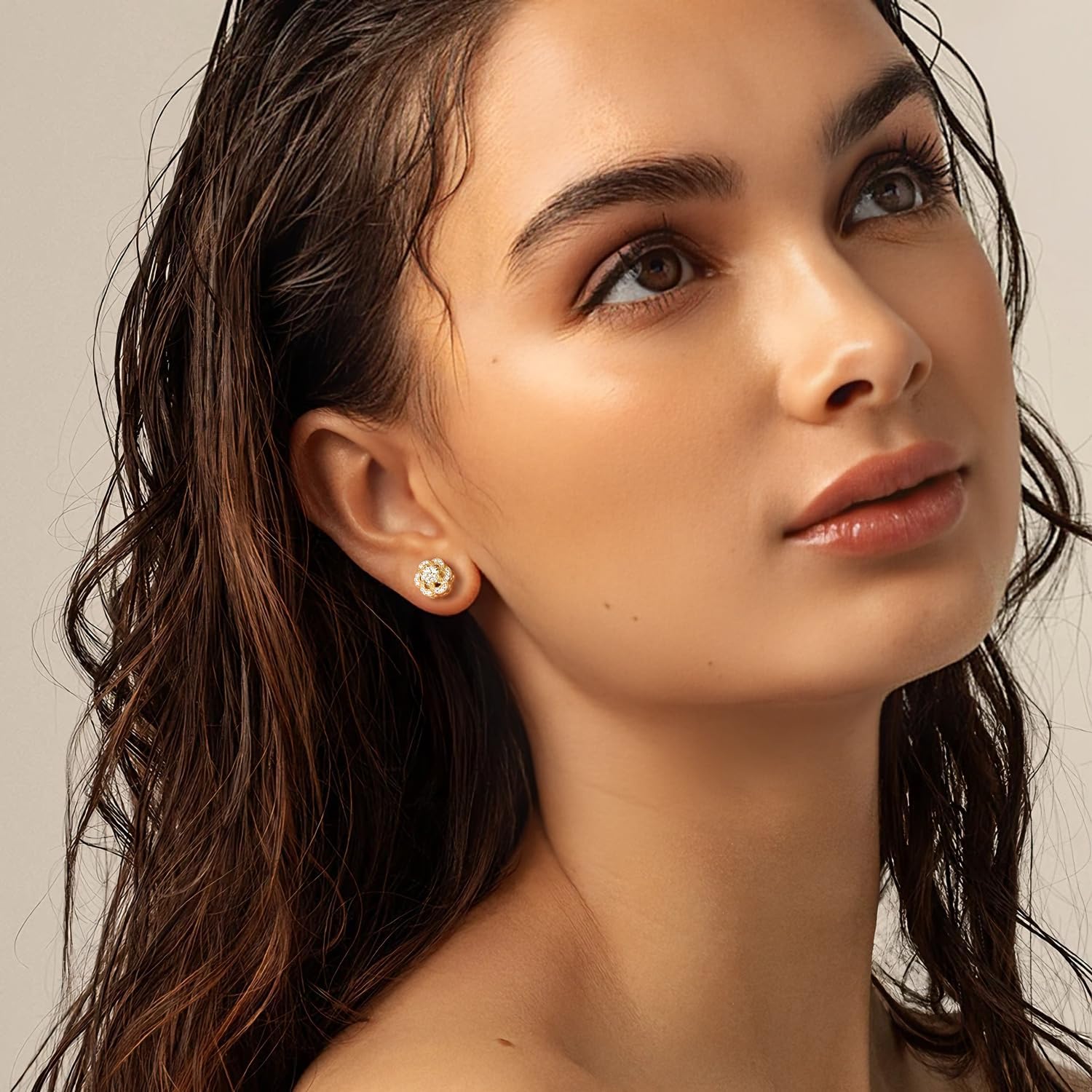 14K Gold Earrings for Women Gold Studs Earrings for Women Cubic Zirconia Stud Earring for Womens Stud Sweet and Gentle Flower Design Studs Earring for Womens 8/10mm