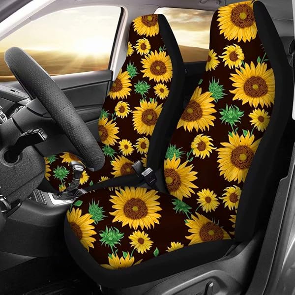 Showudesigns Universal Car Seat Cover Full Set Flower Bee Print Front Seat Covers 2 pc Protector Car Mat Covers, Fit Most Vehicle, Cars, Sedan, Truck, SUV, Van Yellow - 5