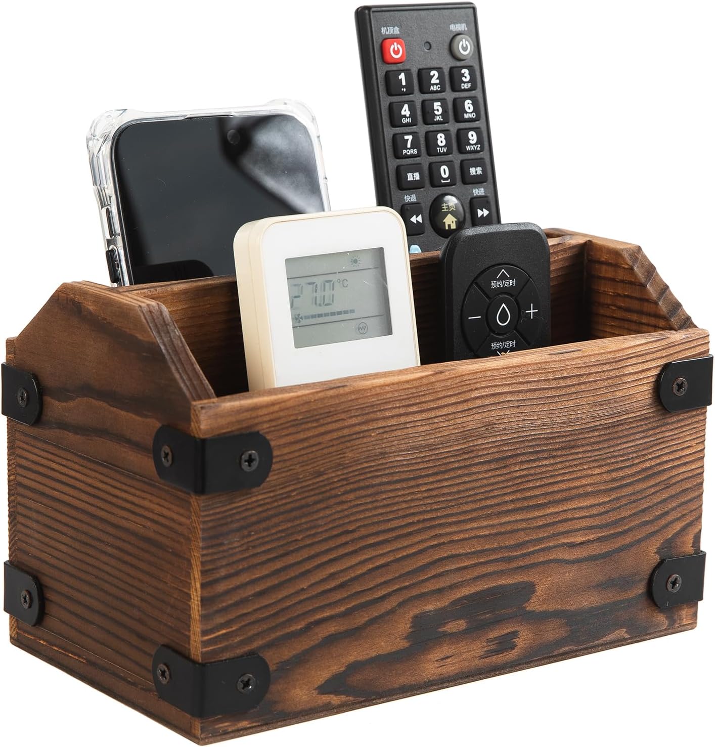 Brown Torched Wood Remote Control Organizer Burnt Wooden Tabletop Storage Caddy Two Compartment Holder TV Game Consoles Cell Phone Kitchen Utensils Office Supplies Living Room Home Bedroom