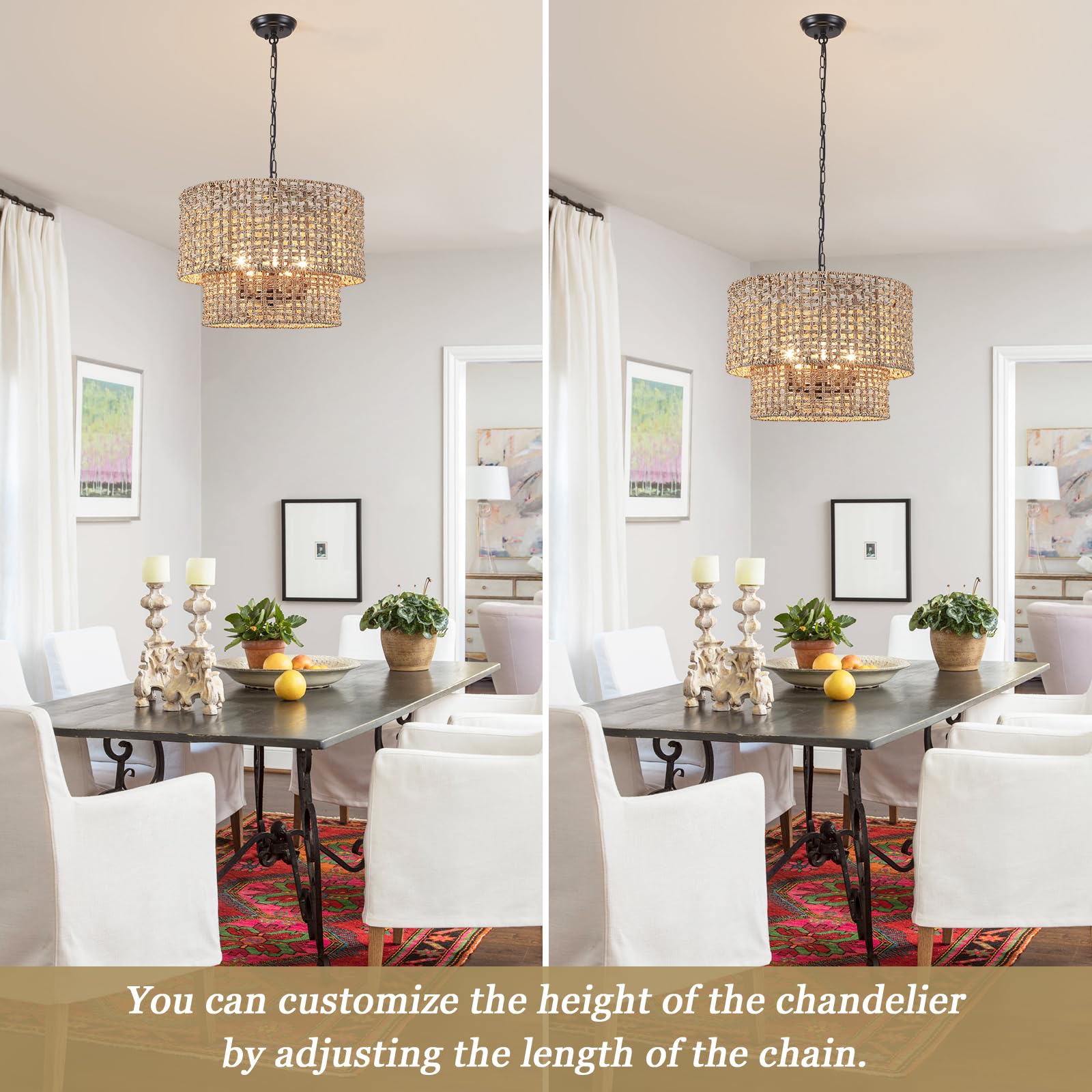 Snapklik.com : 2 Tier Rattan Chandelier For Dining Room 5 Lights Boho ...