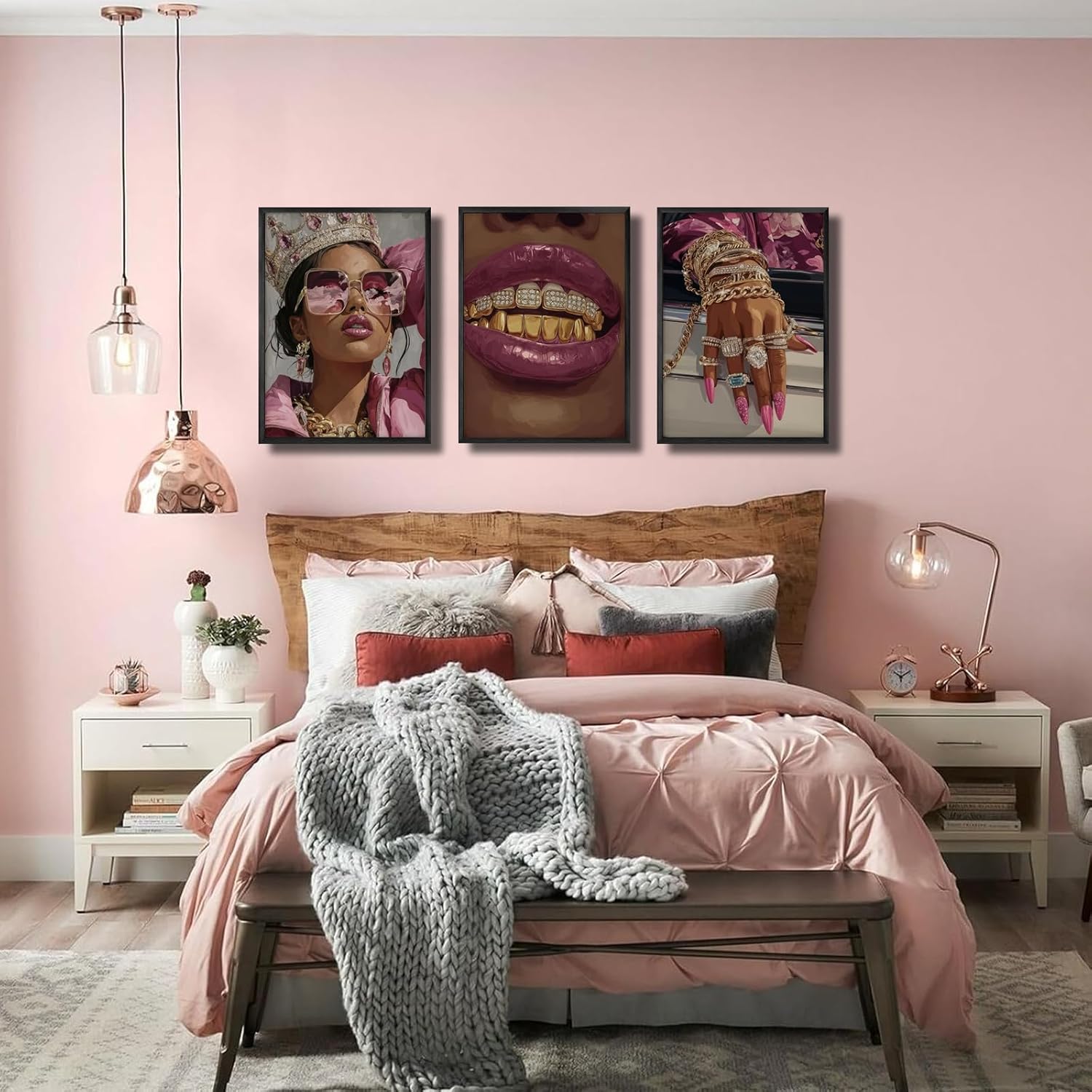 3 Pcs Unframed Pink Black Girl Wall Art Luxury African American Wall Decor Pictures Modern Fashion Woman Room Canvas Poster Prints for Home Bedroom Living Bathroom Decorations