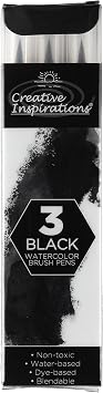 Creative Inspirations Watercolor Brush Pen Set - Water-Soluble Pens for Painting and Coloring - Set of 3 Black Brush Pens