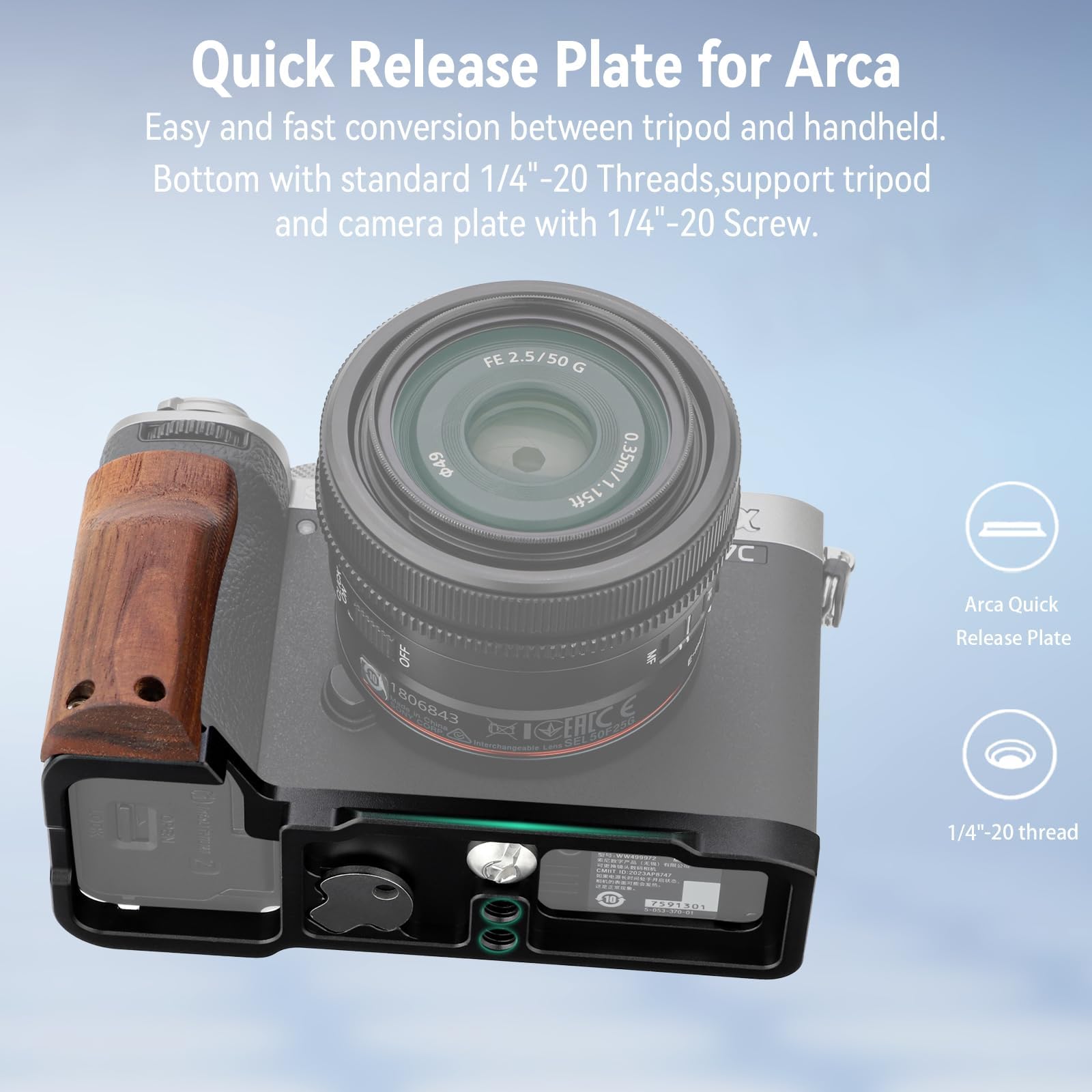 LEFTFOTO A7CR Support en forme de L avec poignée en bois pour appareil photo Sony A7CR/A7C2, avec plaque de dégagement rapide Arca inférieure intégrée, poignée latérale ergonomique rétro pour une