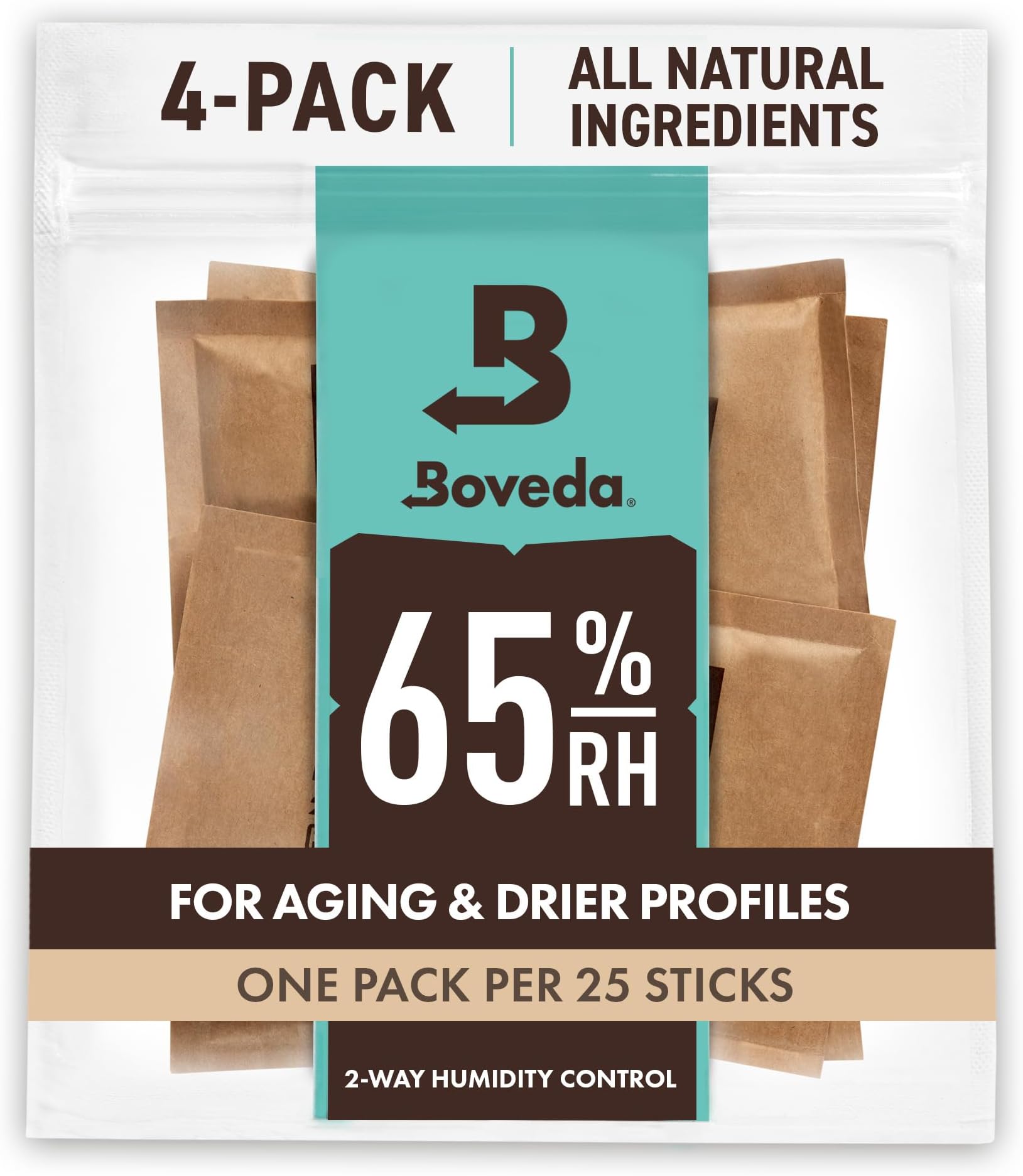 Boveda 65% Two-Way Humidity Control Packs For Aging & Long-Term Storage in Plastic & Wood Containers – Size 60 – 4 Pack – Moisture Absorbers – Humidifier Packs – Hydration Packets in Resealable Bag