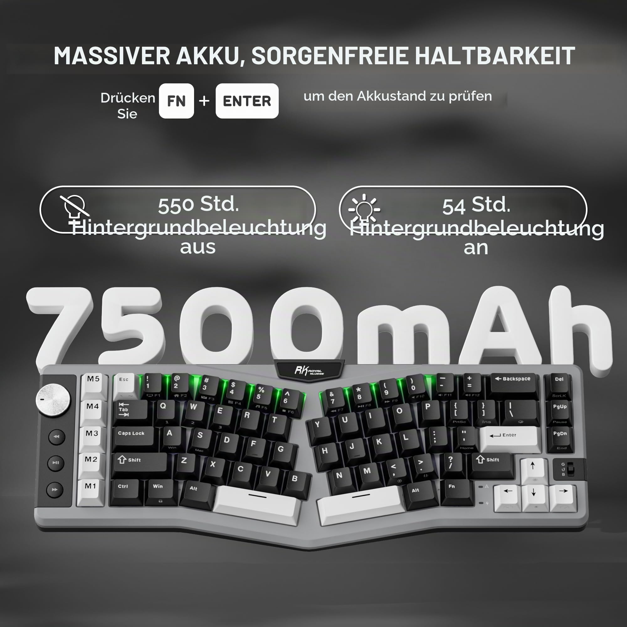 RK ROYAL KLUDGE A72 Alice ergonomisch kabellos mechanische Tastatur, QWERTY | Dichtung RGB-Gaming-Tastatur Makrotasten/Tastbares Typenschild, BT/2,4G/USB-C, 5-lagige Geräuschdämpfung, Win/Mac-Software