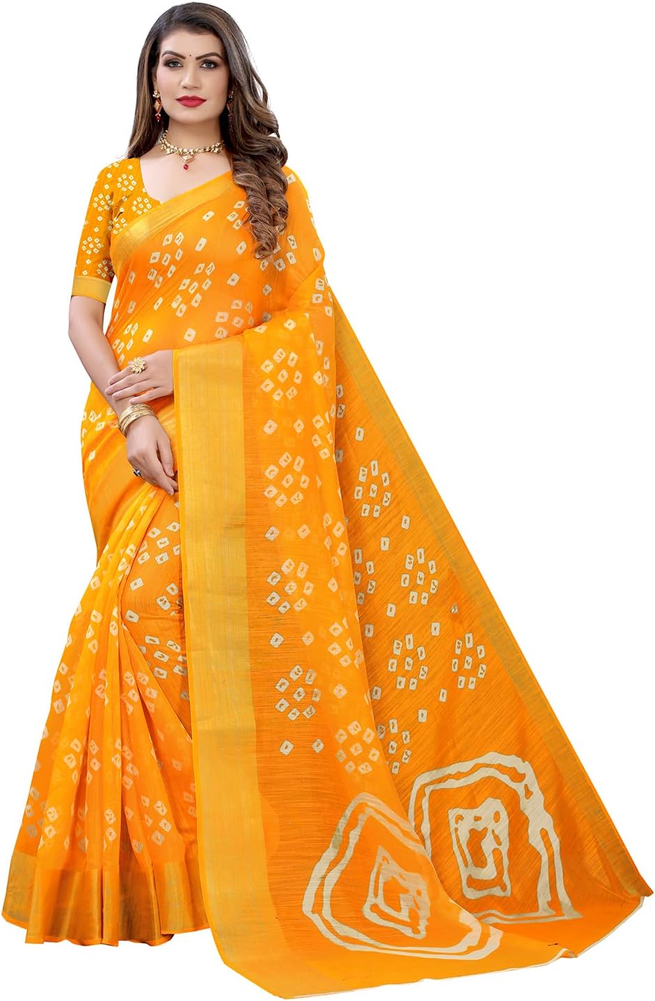 Satrani Women's Bandhani Printed Jari Patta Poly Cotton Saree With Blouse Piece