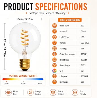 Terafeels 2 Pack E27 Vintage LED Light Bulbs, G80, 4W, Spiral Filament, 2700K Warm White Glow, Clear Glass, Dimmable Edison Screw in Light Bulb [Energy Class E]