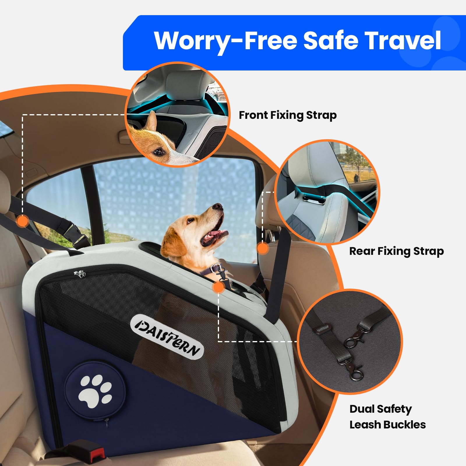 Faltbare Hunde Transportbox für Auto & Reisen, Tragbare Softbox für kleine & mittelgroße Hunde, 1-Minuten-Schnellfold, Robustes Metallgestell, Atmungsaktive Netzfenster & Komfortzugang, Blau