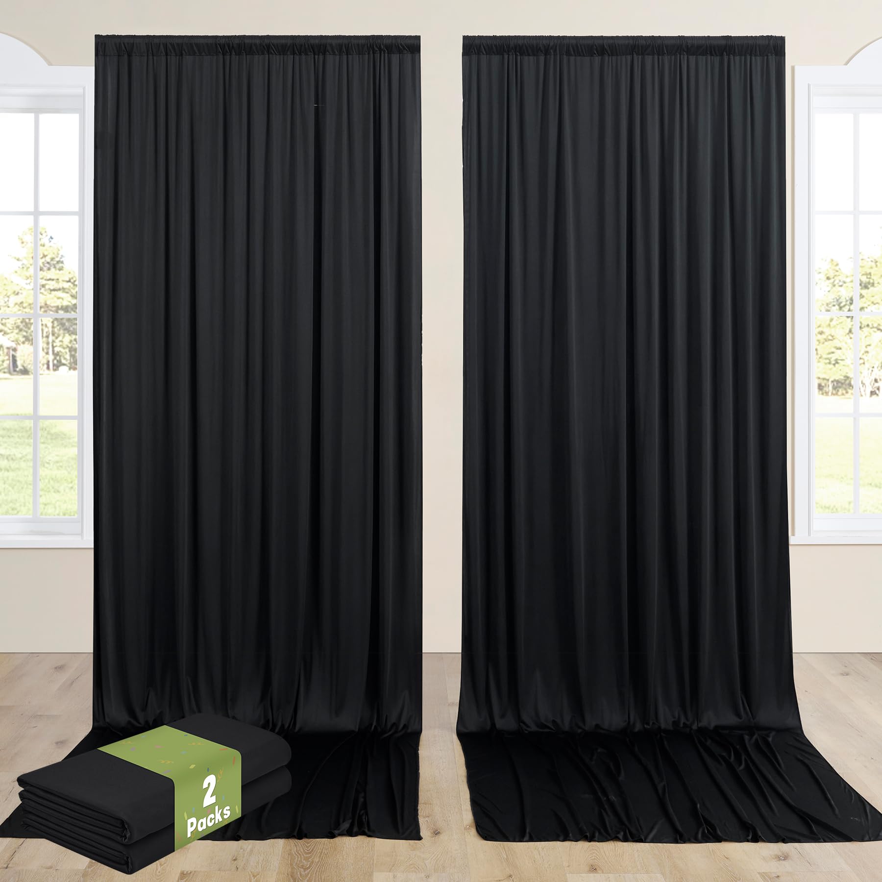10ftx14ft Black Backdrop Curtain for Wedding Parties, Wrinkle Free Polyester 2 Panels 14 ft Long Photo Backdrop Drapes Back Drop Cloth for Birthday